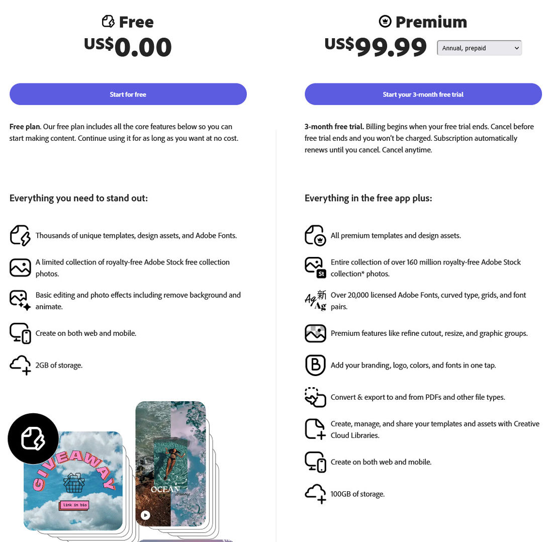 Adobe Creative Cloud Express pricing