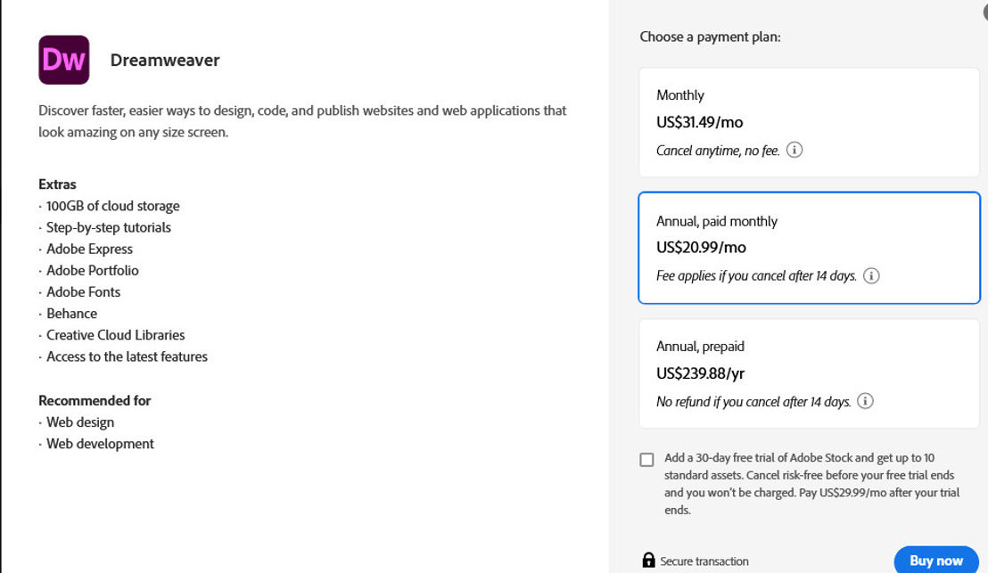 Adobe Dreamweaver pricing 1