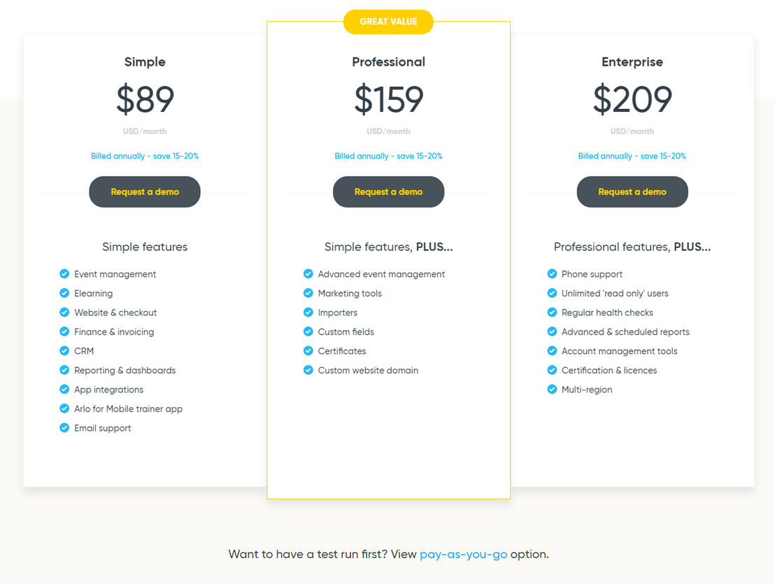 Arlo Training Management Software pricing 1