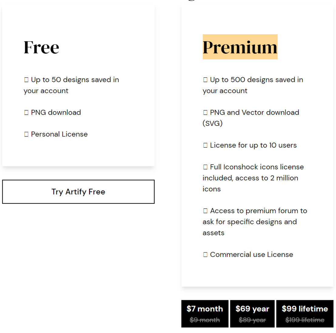 Artify pricing 1