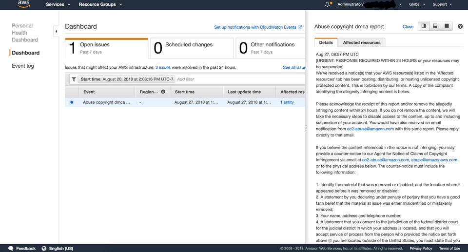 AWS Personal Health Dashboard screenshot 1