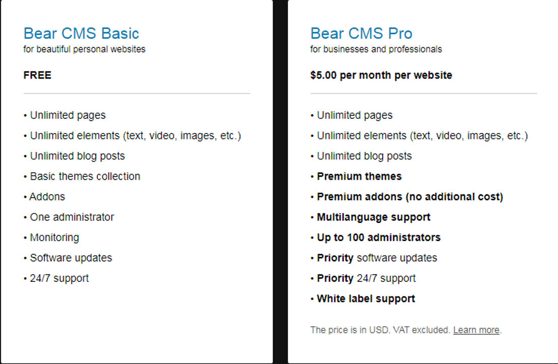 Bear CMS pricing 1