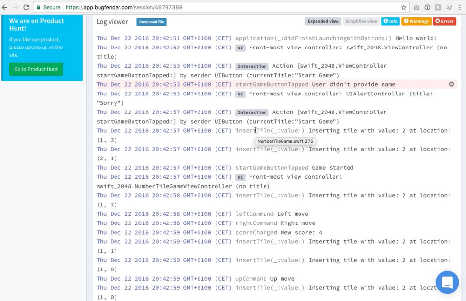 Bugfender screenshot