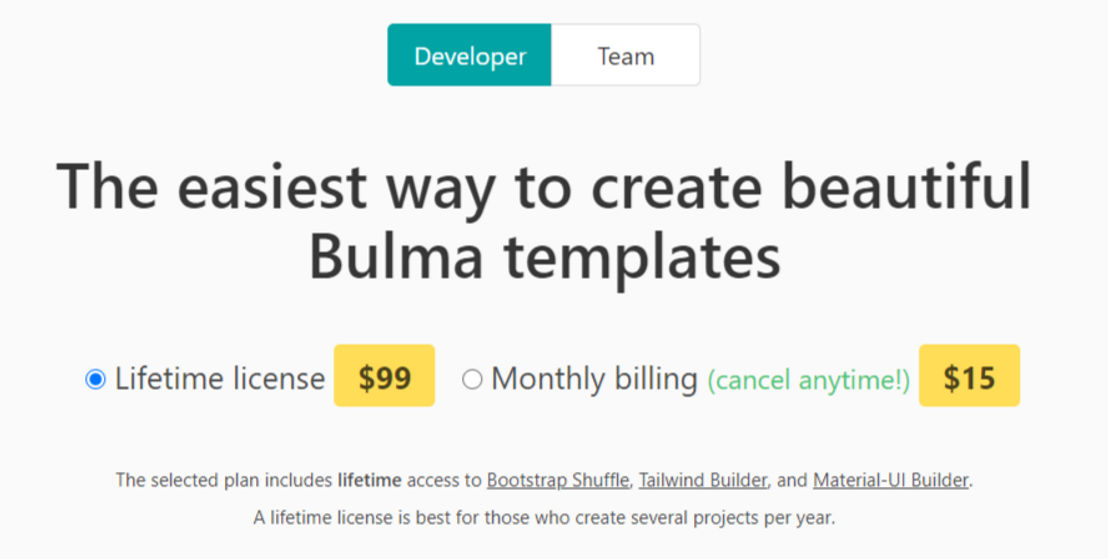 Bulma Builder pricing 1