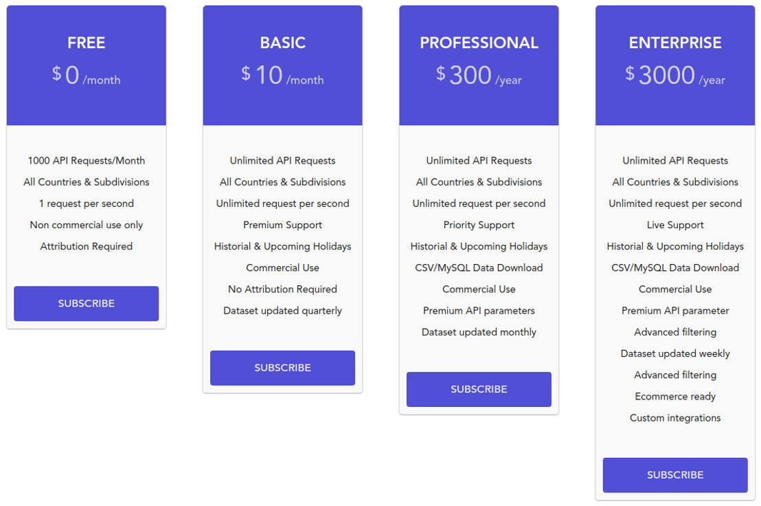 Calendarific pricing 1