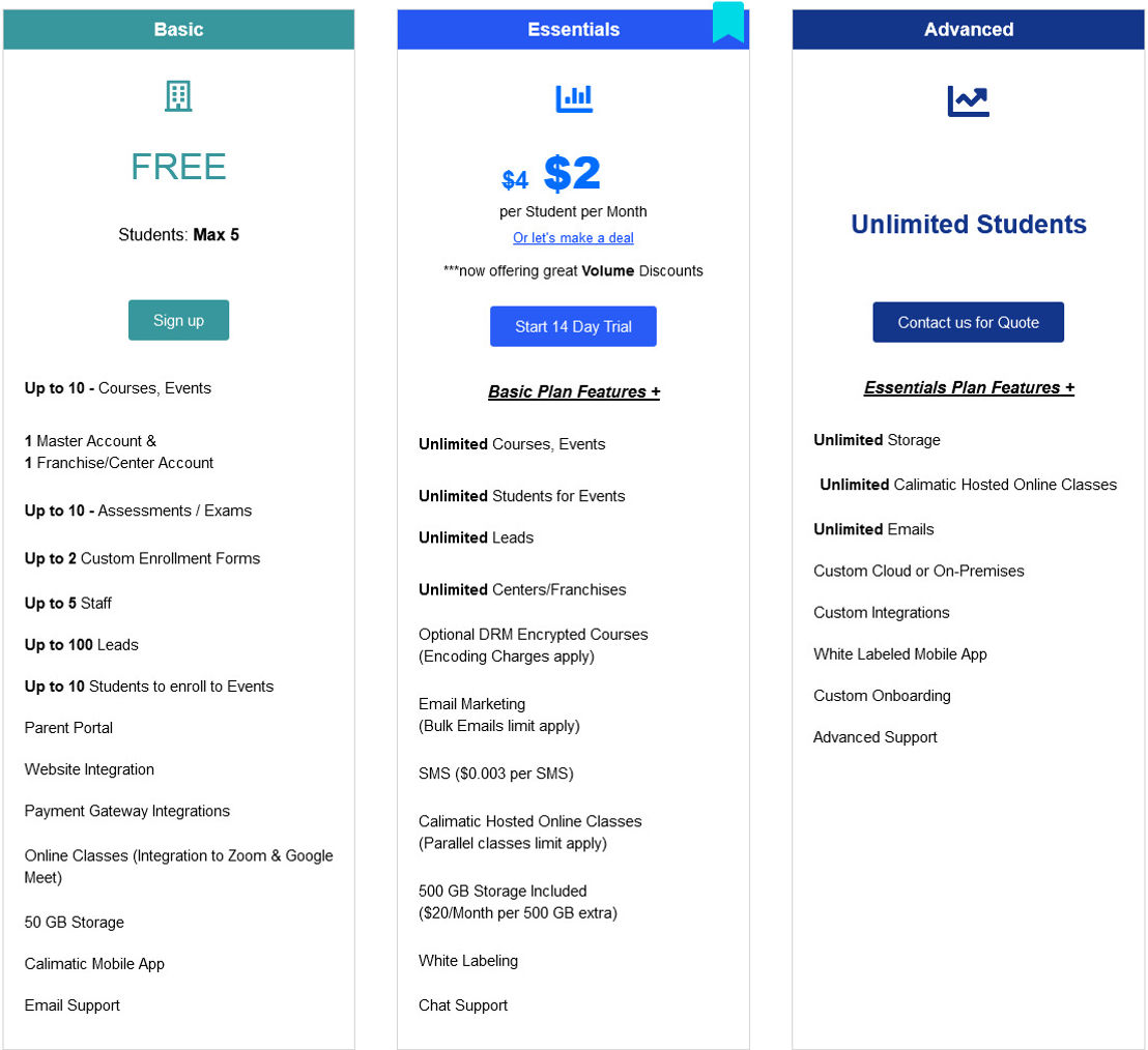 Calimatic EdTech pricing 1