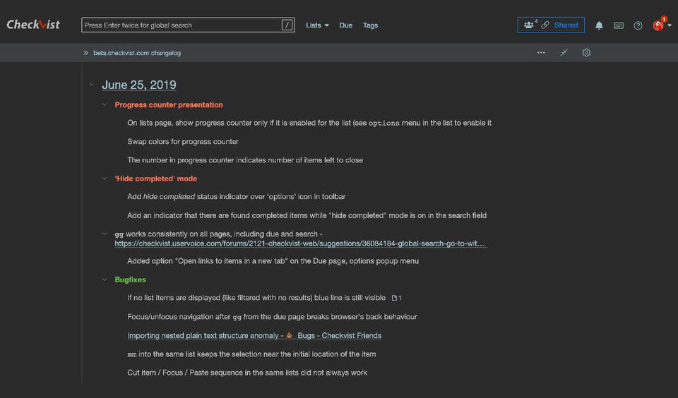 Checkvist screenshot 1