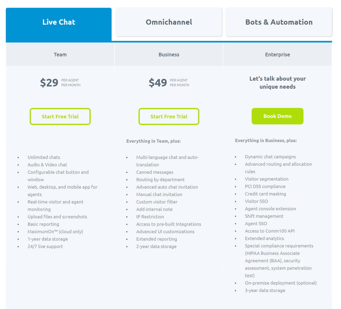 Comm100 Live Chat pricing 1