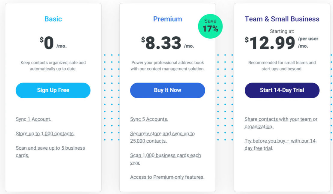 Contacts+ pricing 1