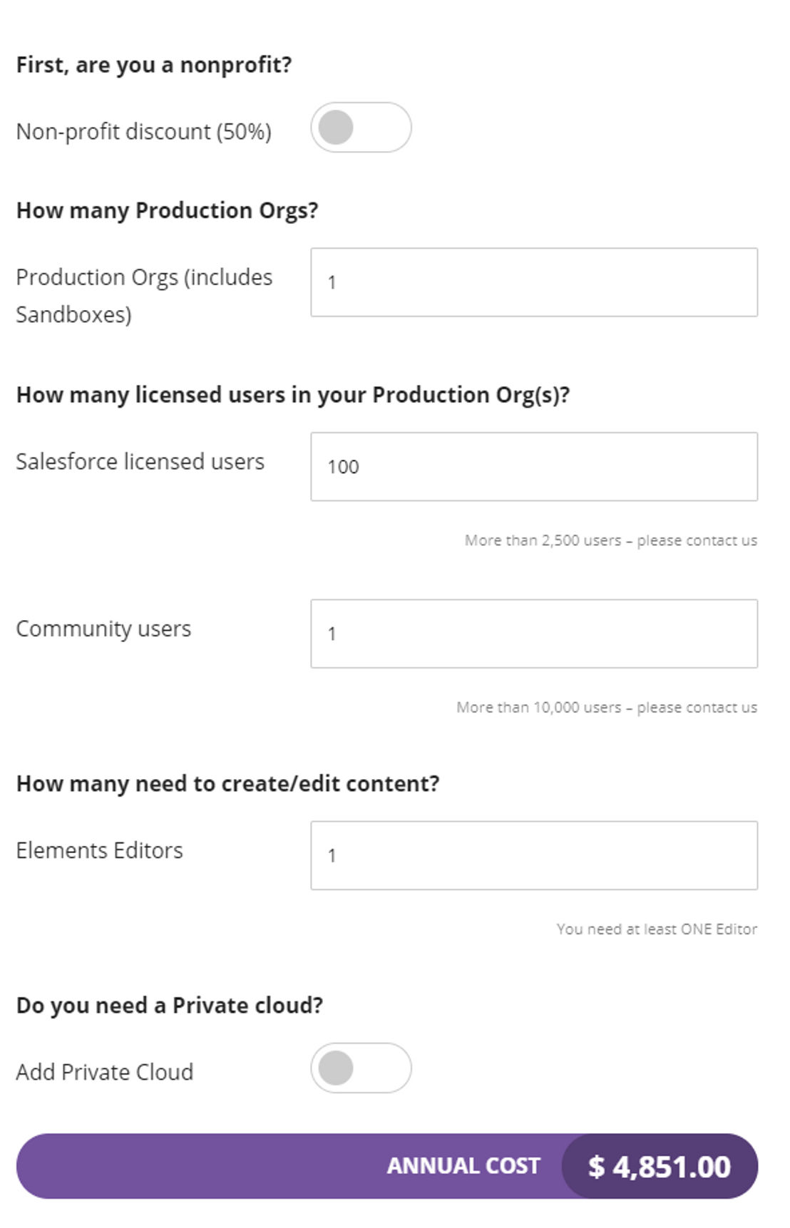 Elements pricing