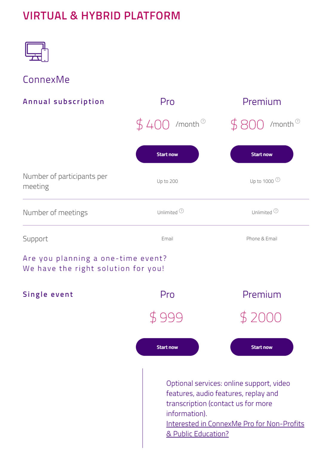 Evenium ConnexMe pricing 1