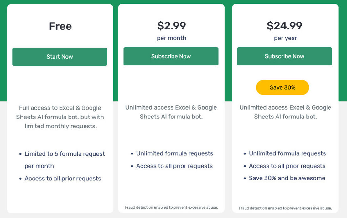 Excelformulabot.com pricing 1