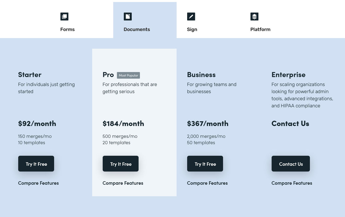 Formstack Documents pricing 2