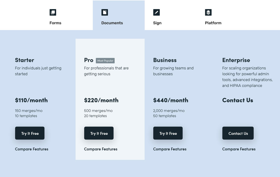 Formstack Documents pricing 1