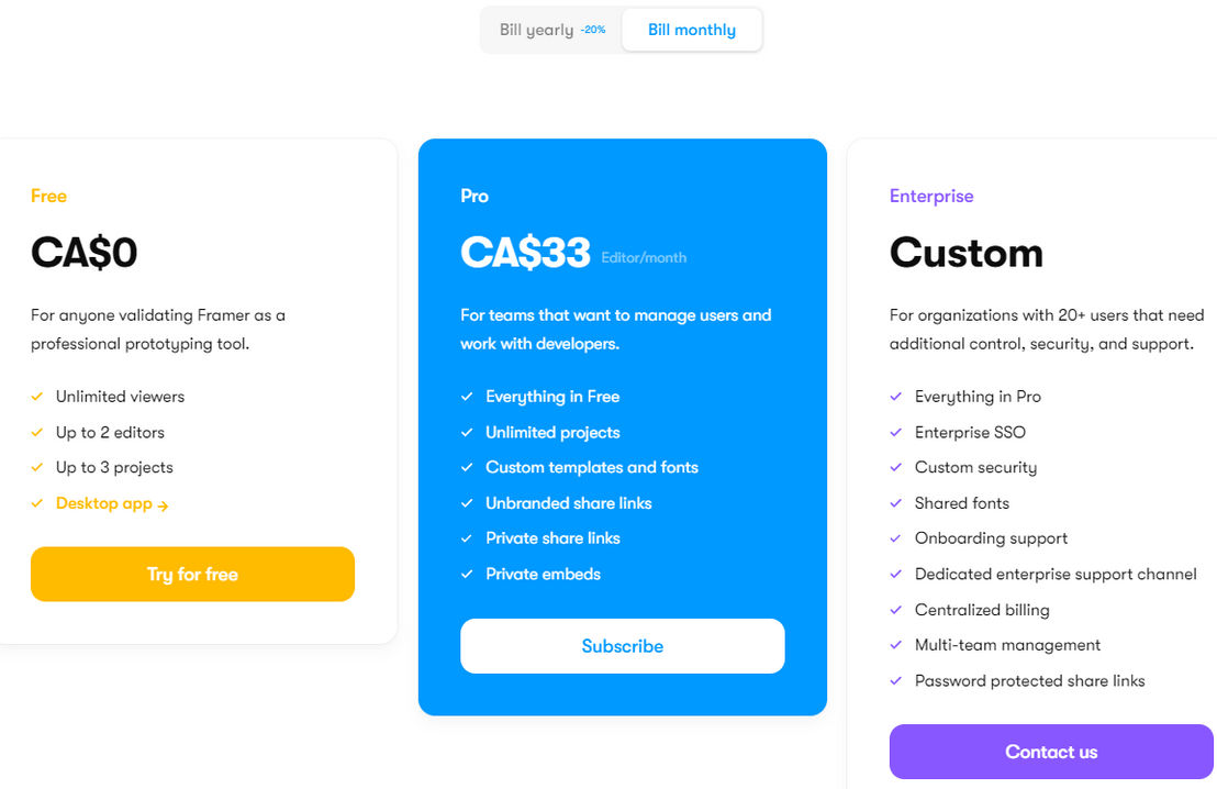 Framer X pricing 1