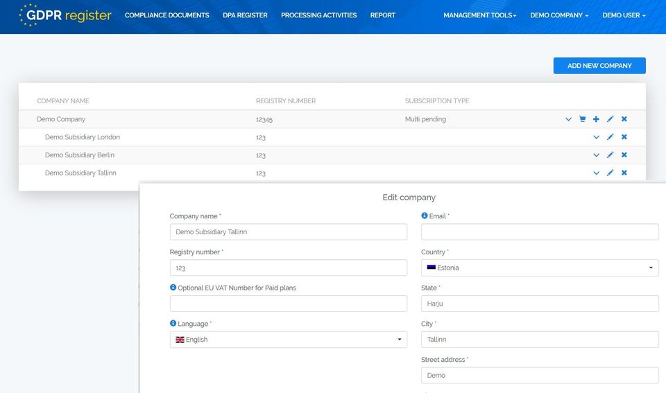 GDPR Register screenshot 2