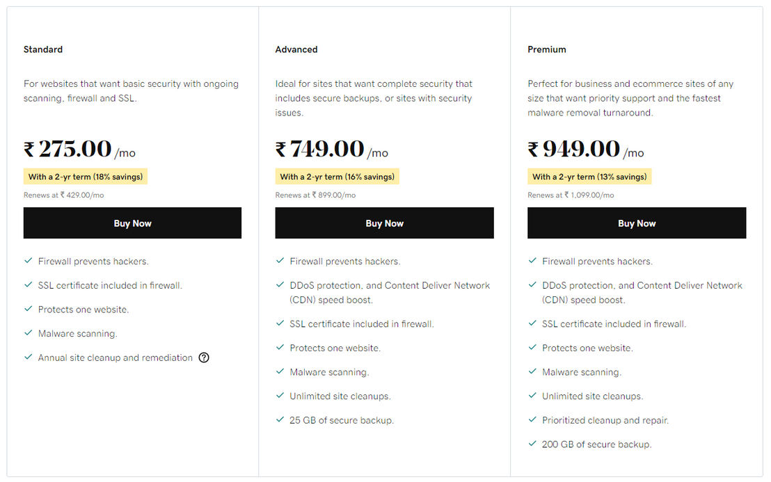 GoDaddy Website Security pricing 1
