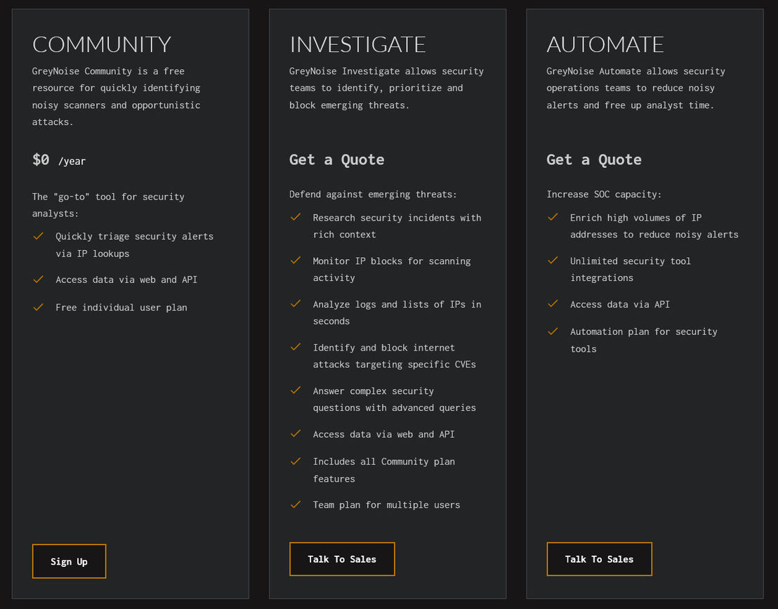 GreyNoise Intelligence pricing 1