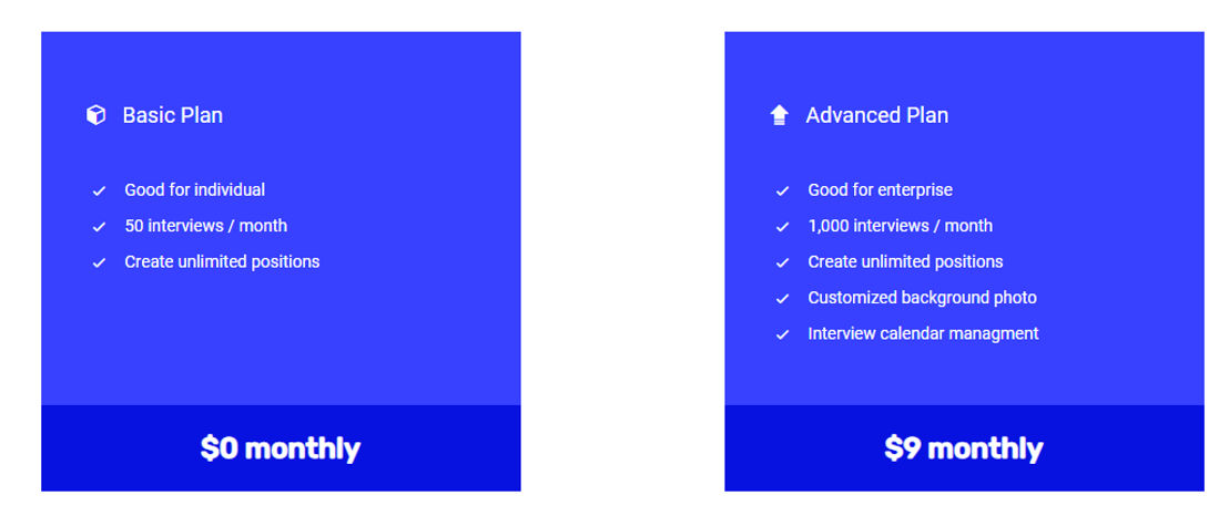 Hire.Video pricing 1
