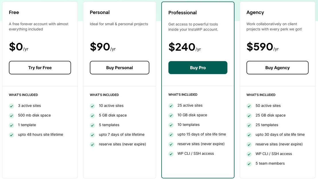 InstaWP pricing 1