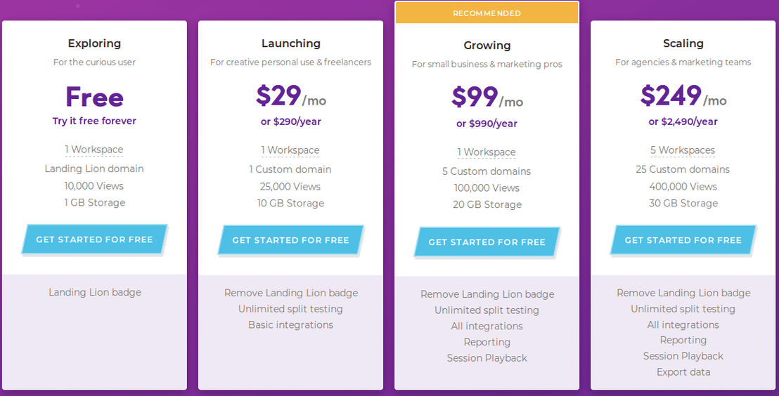 Landing Lion pricing 1