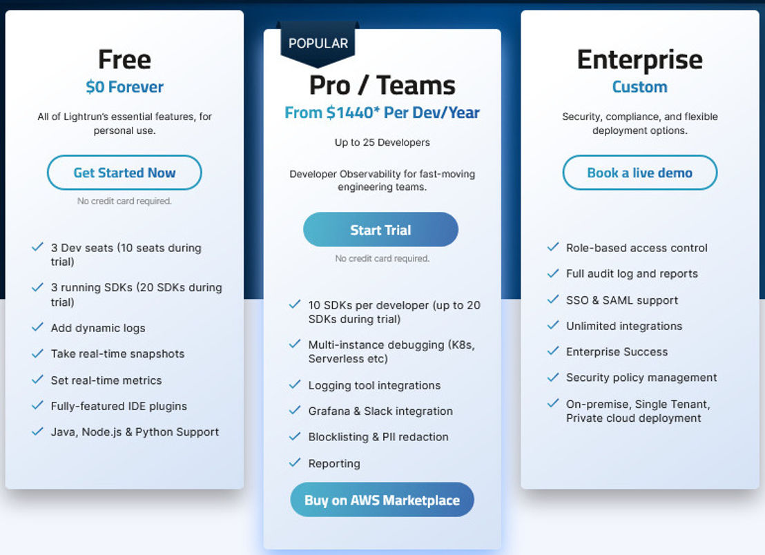 Lightrun Observability Platform pricing 1