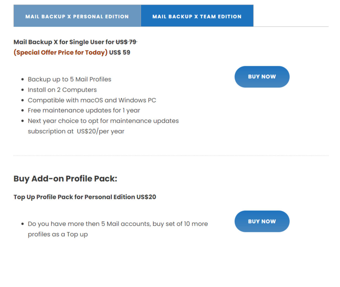 Mail Backup X pricing 1