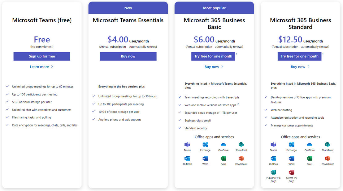 Microsoft Teams pricing 1