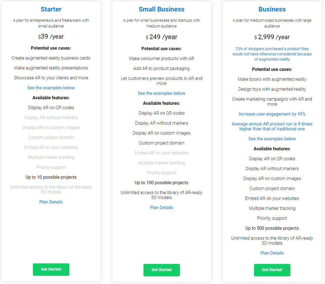 MyWebAR.com pricing 1