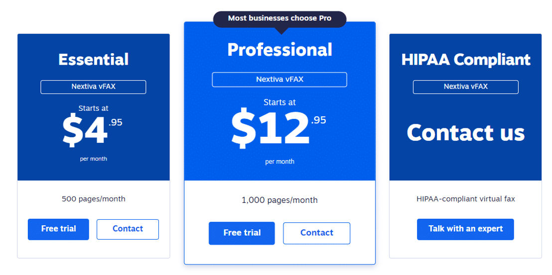 Nextiva vFax pricing 1