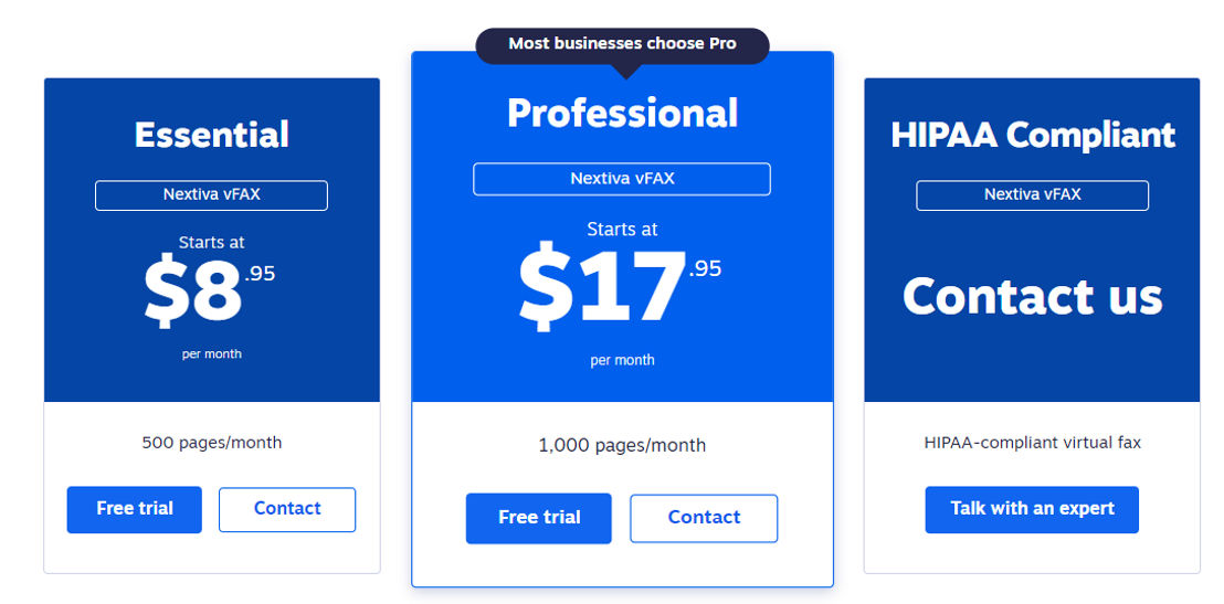 Nextiva vFax pricing 2