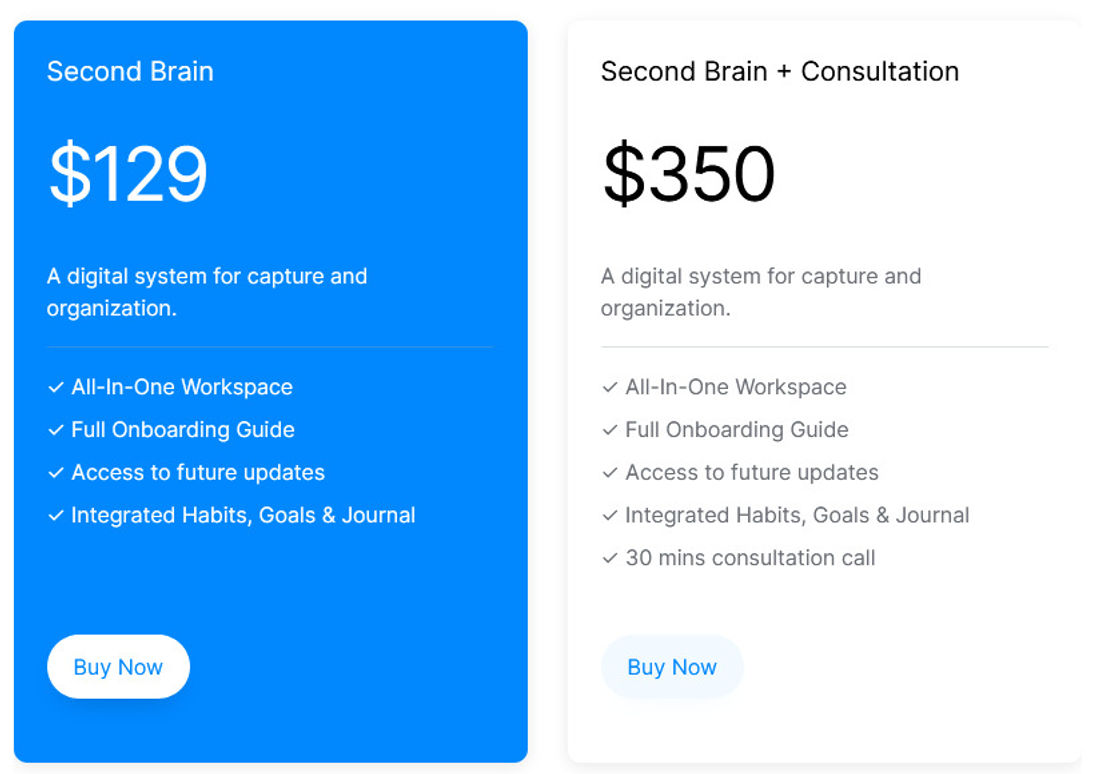 Notion Second Brain pricing 1