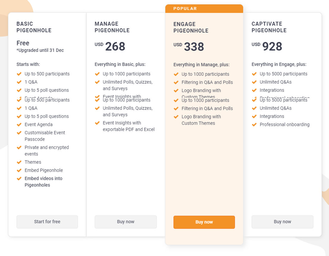 Pigeonhole Live pricing