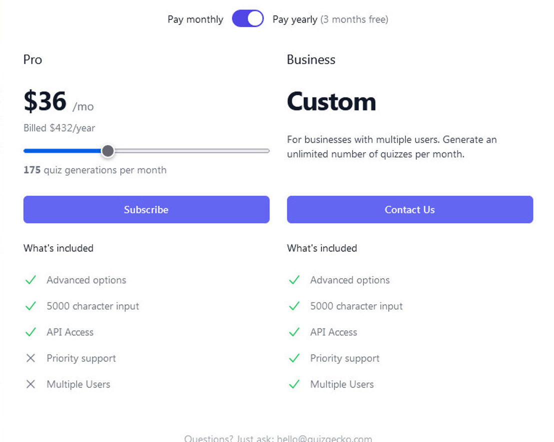 Quizgecko pricing 2