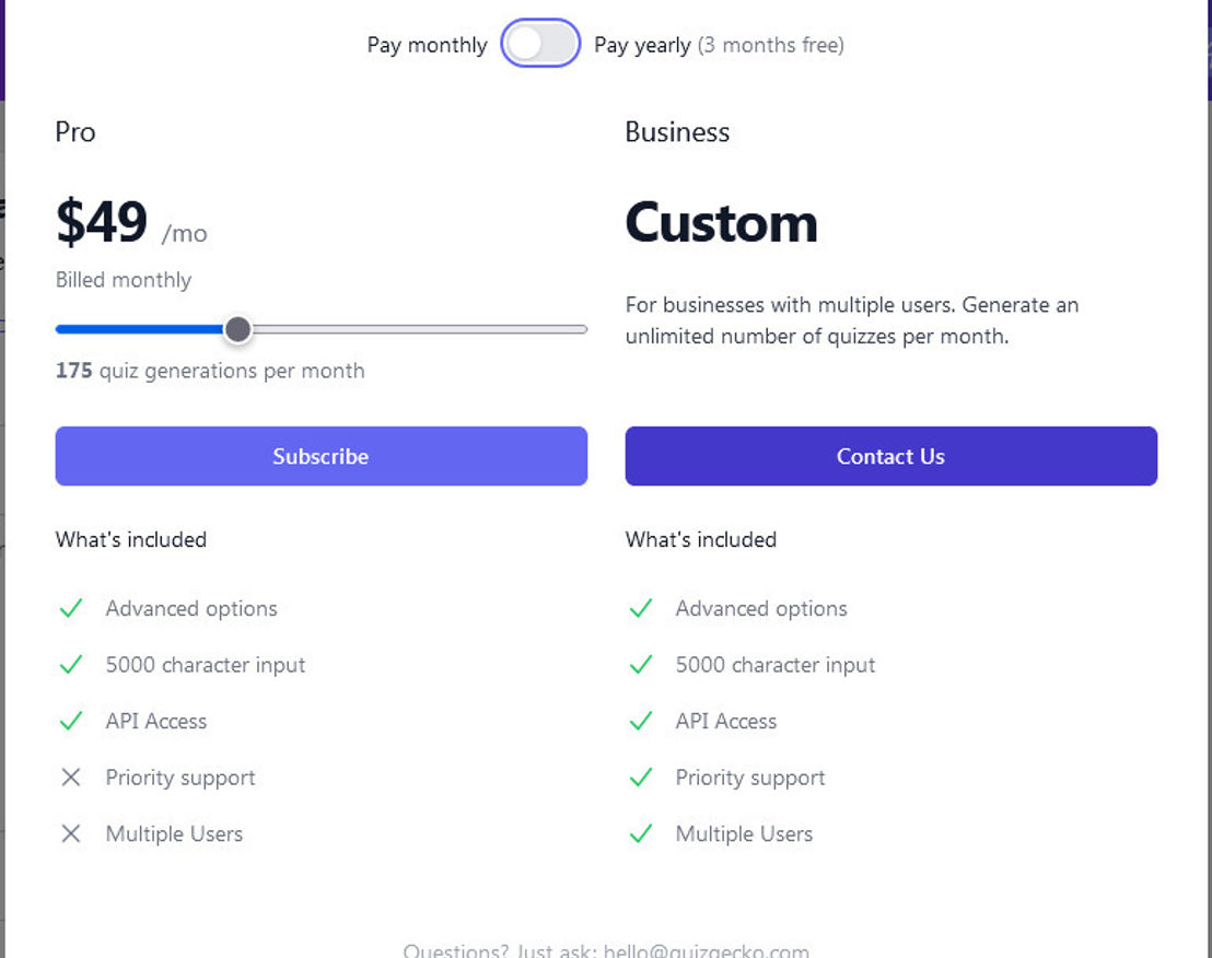 Quizgecko pricing 1