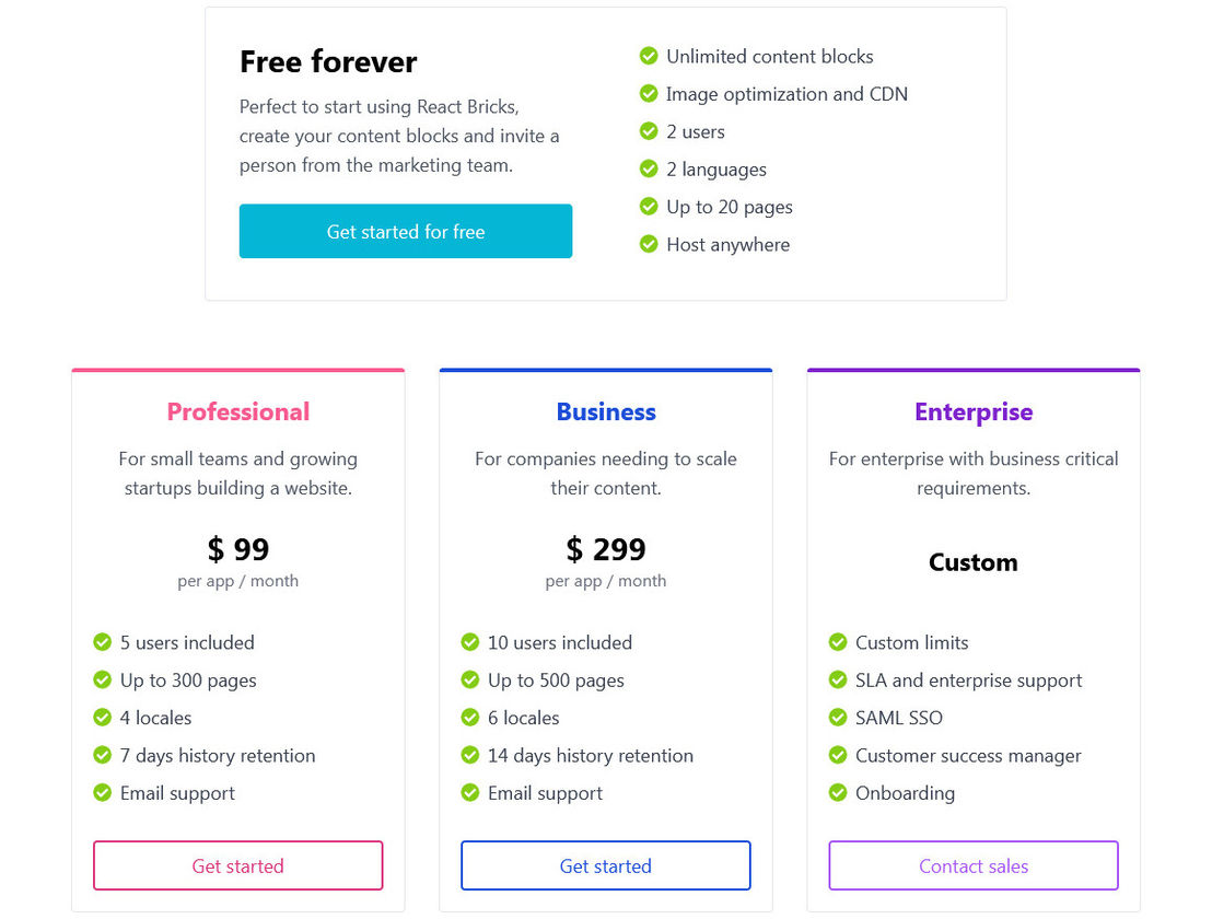 React Bricks pricing 1