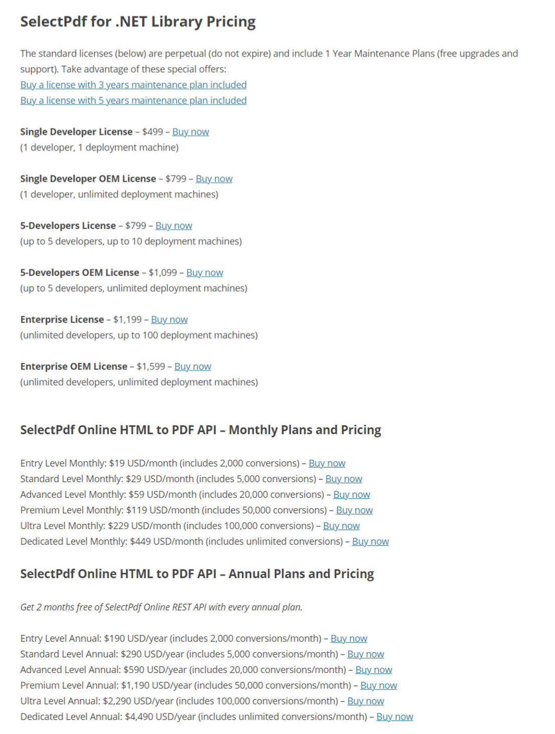 SelectPDF pricing 1