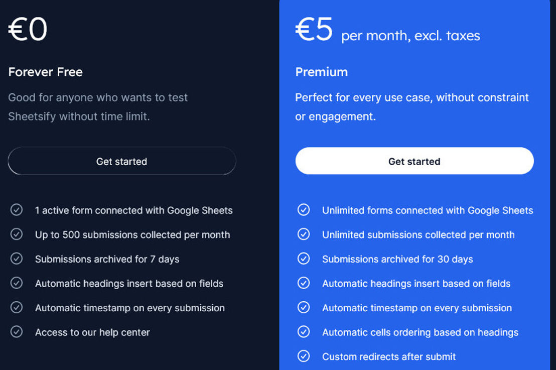 Sheetsify pricing 1