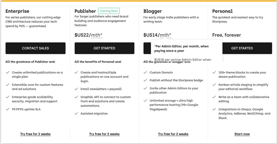 Storipress pricing 1