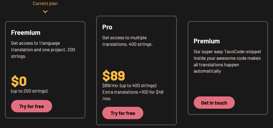 TacoTranslate pricing 1