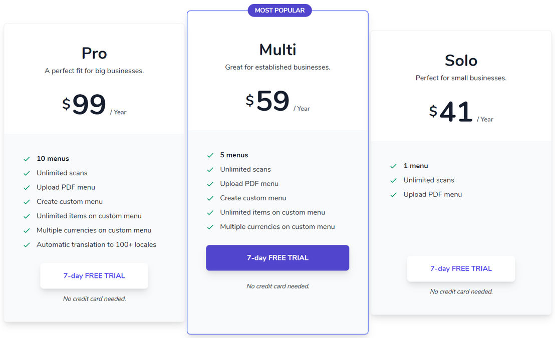 Velox Menus pricing 1