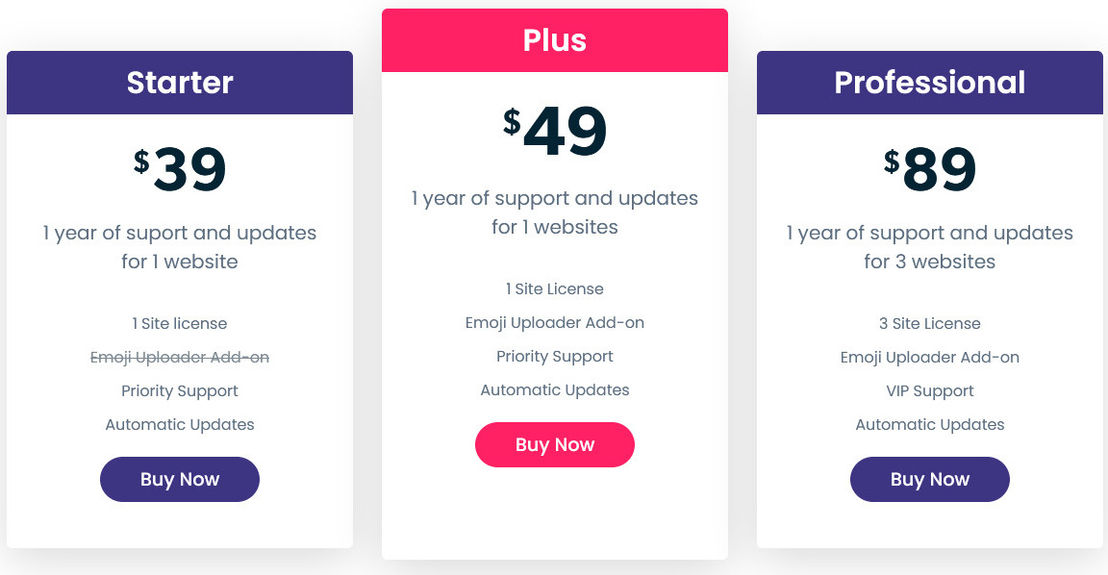WP Reactions pricing 1