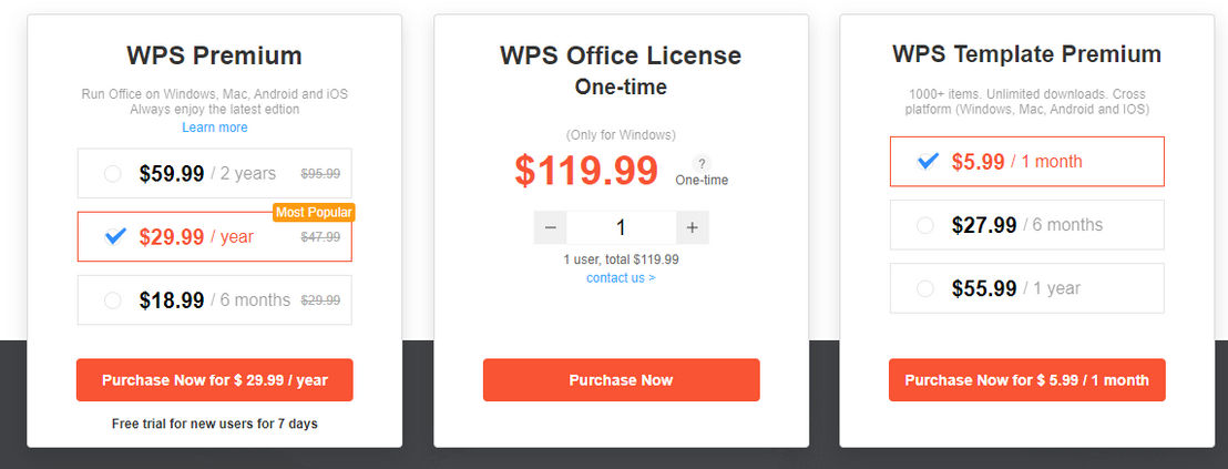 WPS Office pricing 1