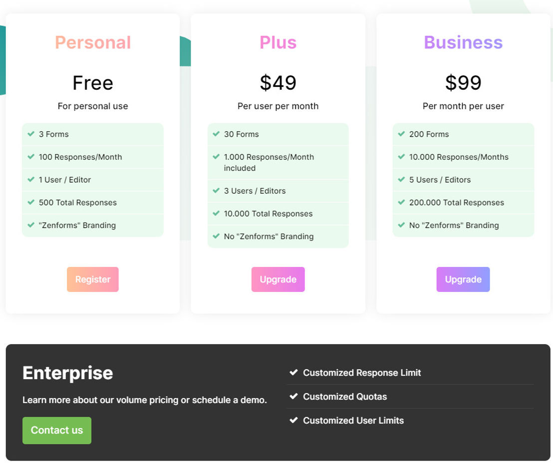 Zenforms pricing 1