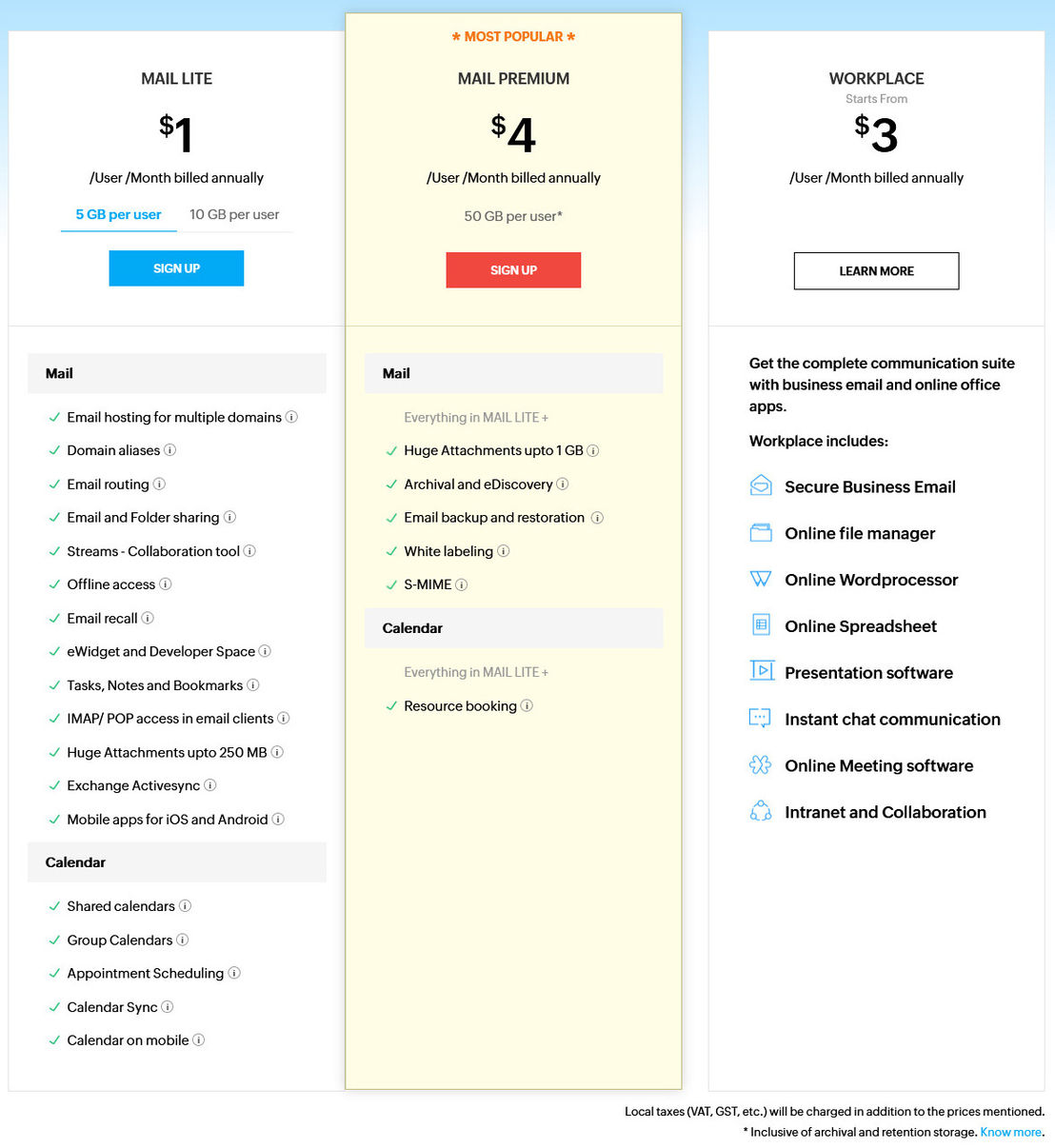 Zoho Mail pricing 1
