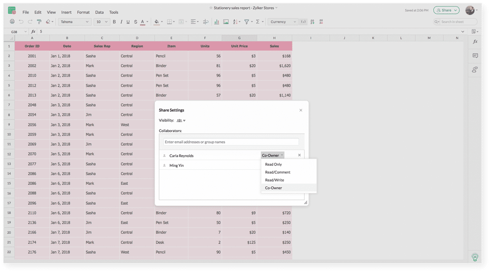Zoho Sheet screenshot